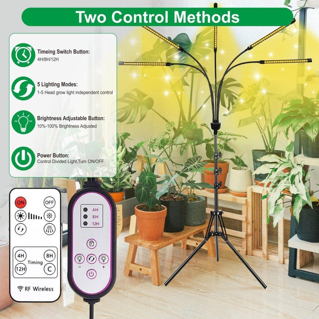 5-Head Adjustable LED Lights, Full Spectrum Grow Lamp with Timer, Warm White Light for Indoor Plants