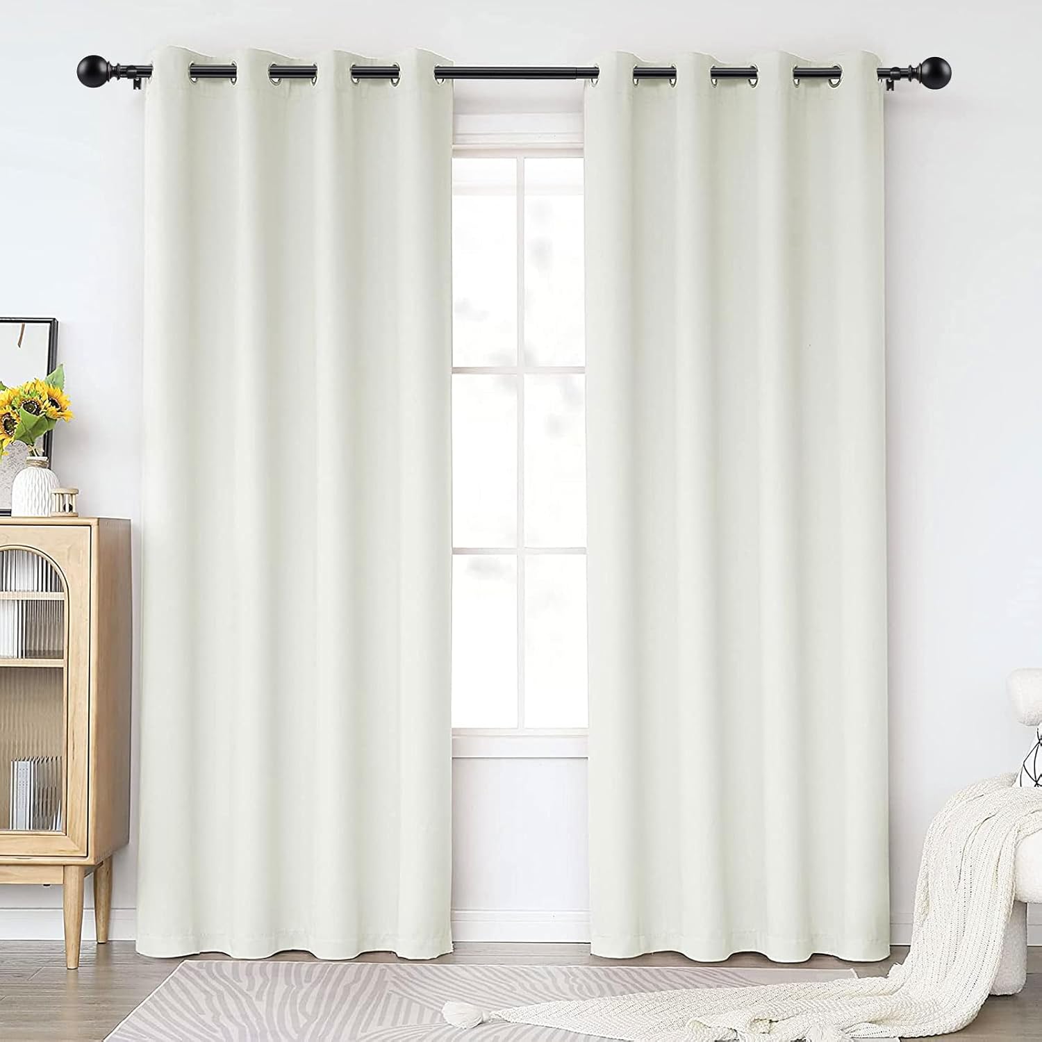 KAMANINA Curtain Rods for Windows 48 to 84 Inches, Black Curtain Rod 32 to 86 Inches (2.6-7.1ft), 7/8 Inch Decorative Drapery Rod with Round Finials