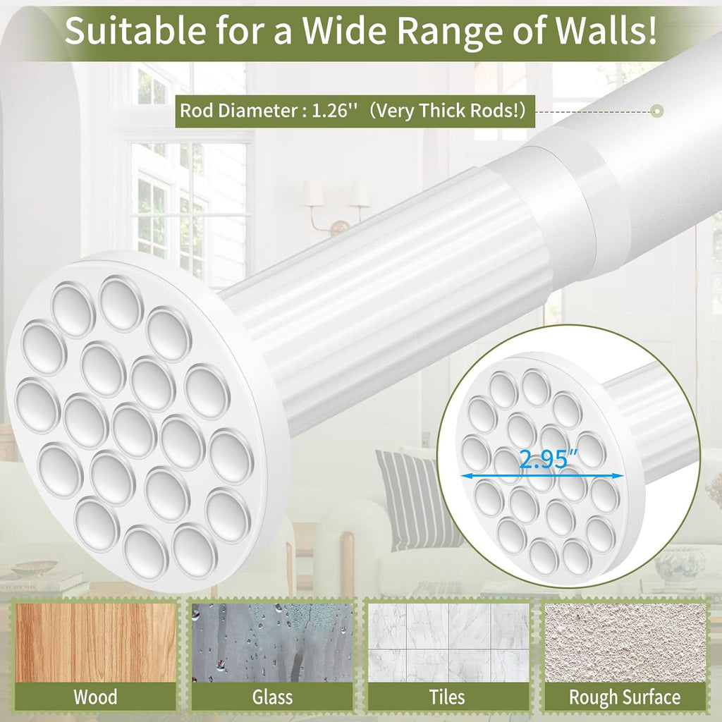 White Shower Curtain Rod 51-86 Inch, Adjustable Tension Rod No Drilling for Window or Bathroom Closet, Outdoor Curtain Rod for Patio, Easy to Install, Never Rust, Rod Diameter 1.26 Inches-White