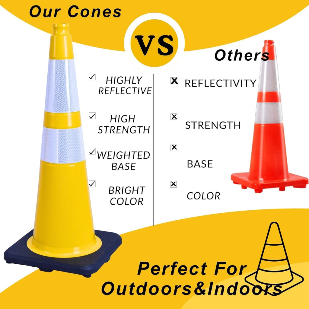 BESEA 8PACK 28” inch Traffic Safety Cones Yellow Road Parking Cones Heavy Duty Construction Cone Structurally Stable for Traffic Control at Public Place