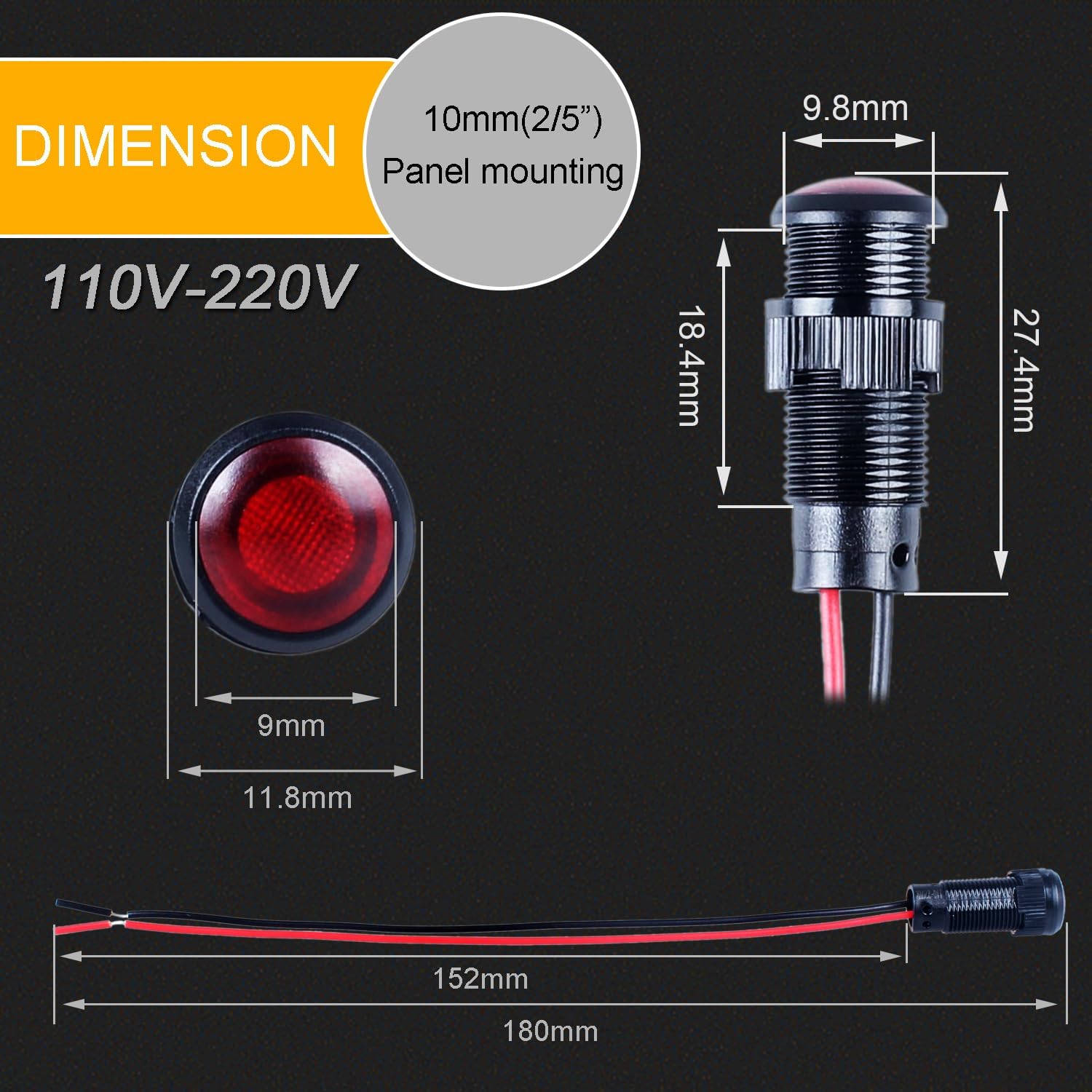 5pcs 10mm LED Indicator Light Plastic Black Signal Dot Lamp 110-220VAC 2/5" Mounting Hole Size with 15cm/5.9in. Wire (Mix:Red White Yellow Blue Green)
