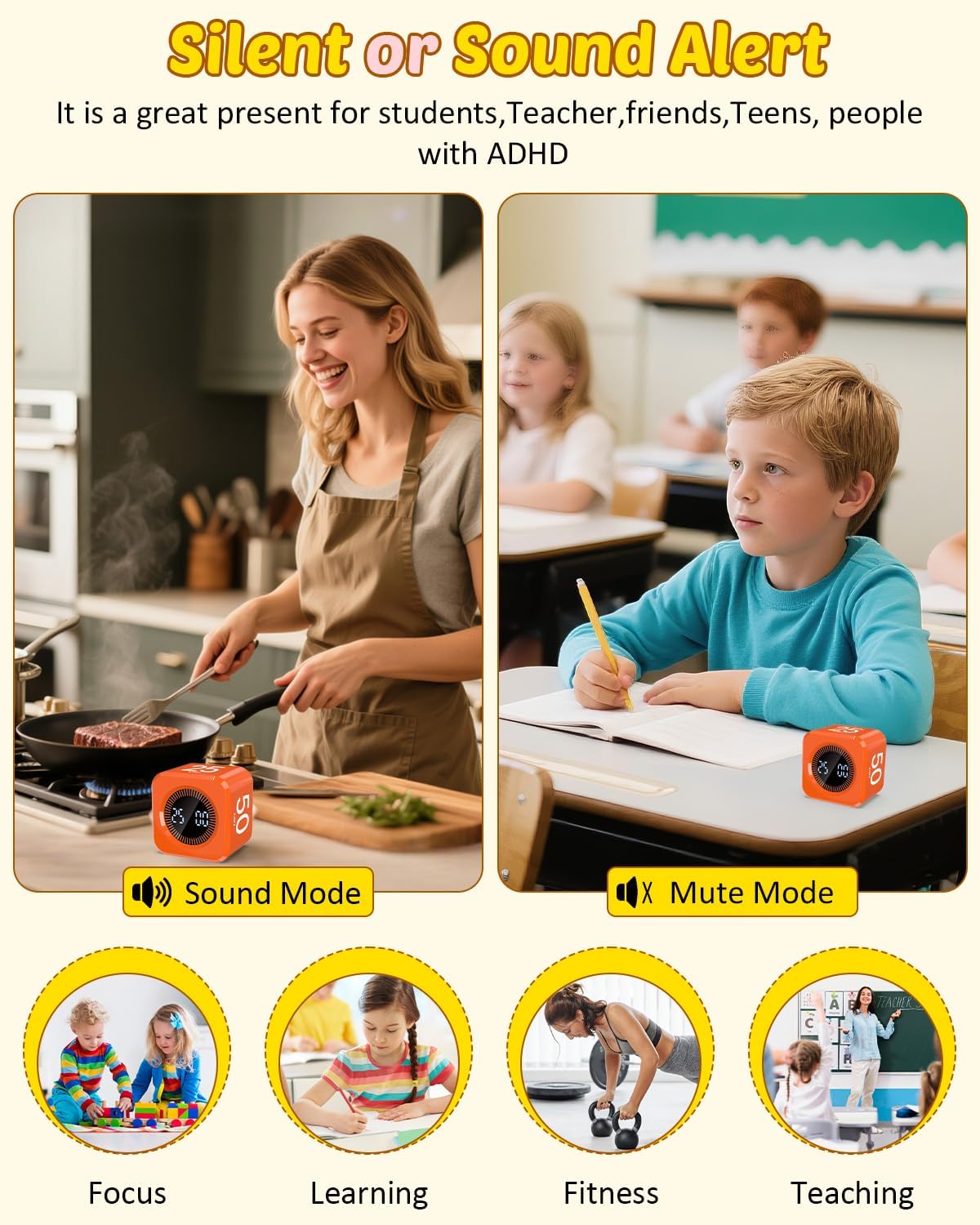 Pomodoro Timer Cube Visual Productivity Flip Timer for Kids Classroom Desk, 5/10/25/50min&Custom Countdown, Silent&Sound Mode Digital Cube for ADHD Study Work School Game Kitchen (Orange)