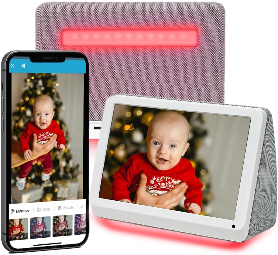 PhotoShare MyLuma LED 7” WiFi Digital Photo Frame with LEDs and Soft Touch Back Panel | Send Photo or Video from Phone to Digital Picture Frame | White Lightning Finish