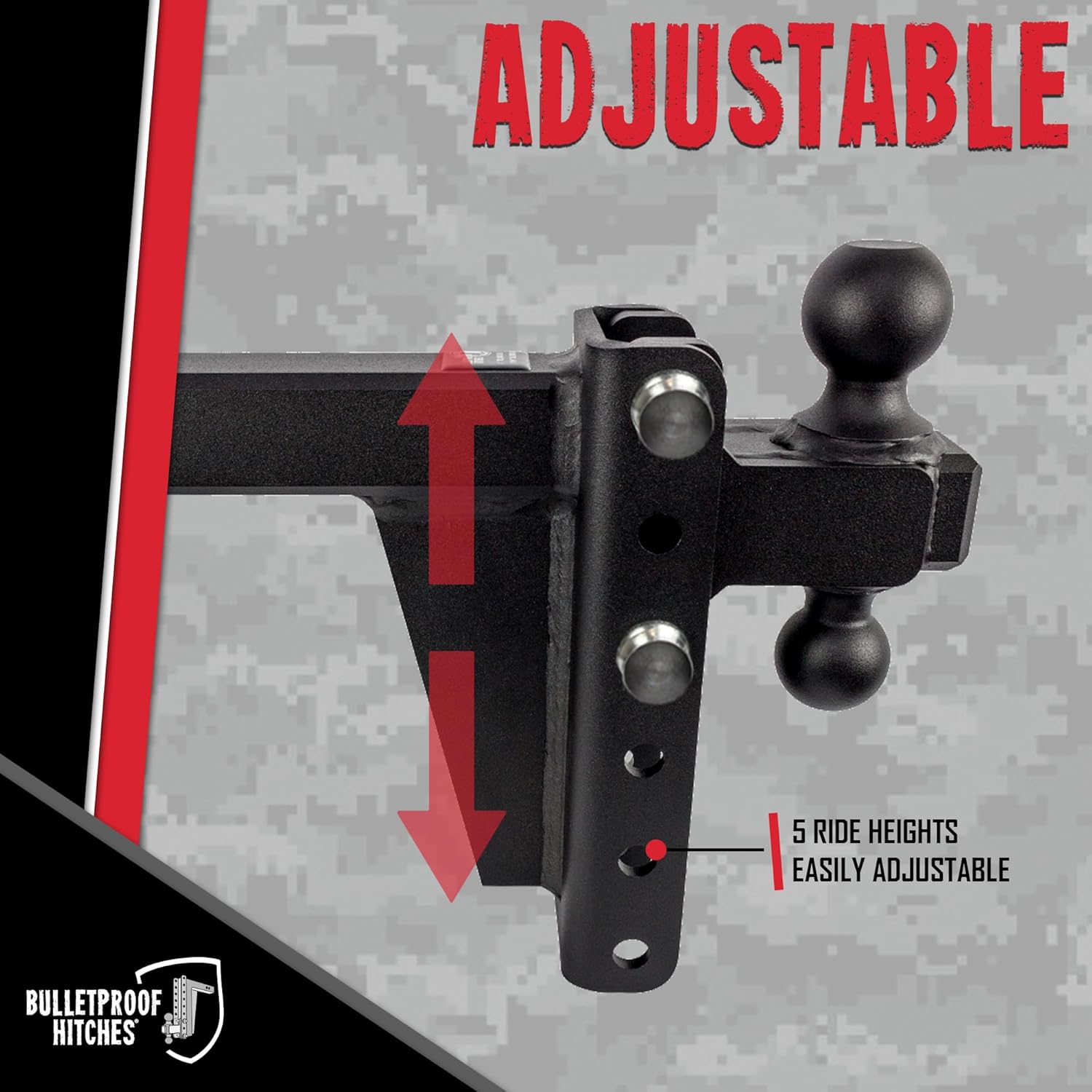 BulletProof Hitches - 2.0" Adjustable Heavy Duty Trailer Hitch (22,000 lb. Rating) - 8" Drop/Rise Trailer Hitch with 2" & 2-5/16" Dual Ball - Powder Coat, Solid Steel, Corrosion-Resistant