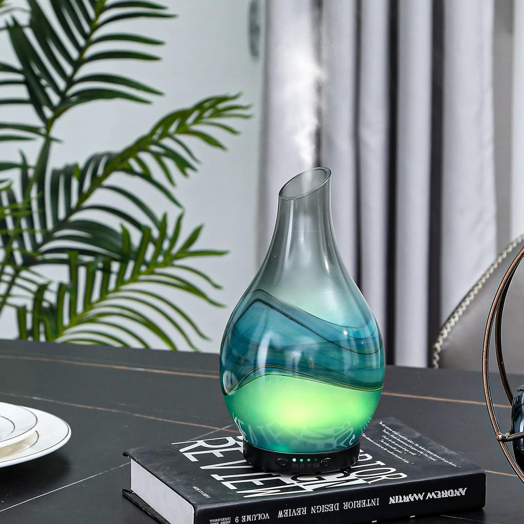 MAXWINER Essential Oil Diffusers Handmade Art Glass Ultrasonic Aromatherapy Diffusers with 7 Colors Lights Changing, Waterless Auto Shut-Off, Time Setting for Home, Office, Room 120ml
