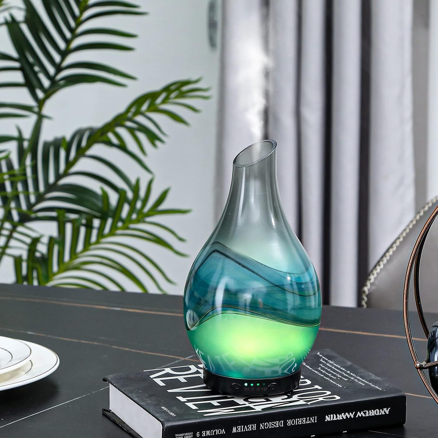 MAXWINER Essential Oil Diffusers Handmade Art Glass Ultrasonic Aromatherapy Diffusers with 7 Colors Lights Changing, Waterless Auto Shut-Off, Time Setting for Home, Office, Room 120ml