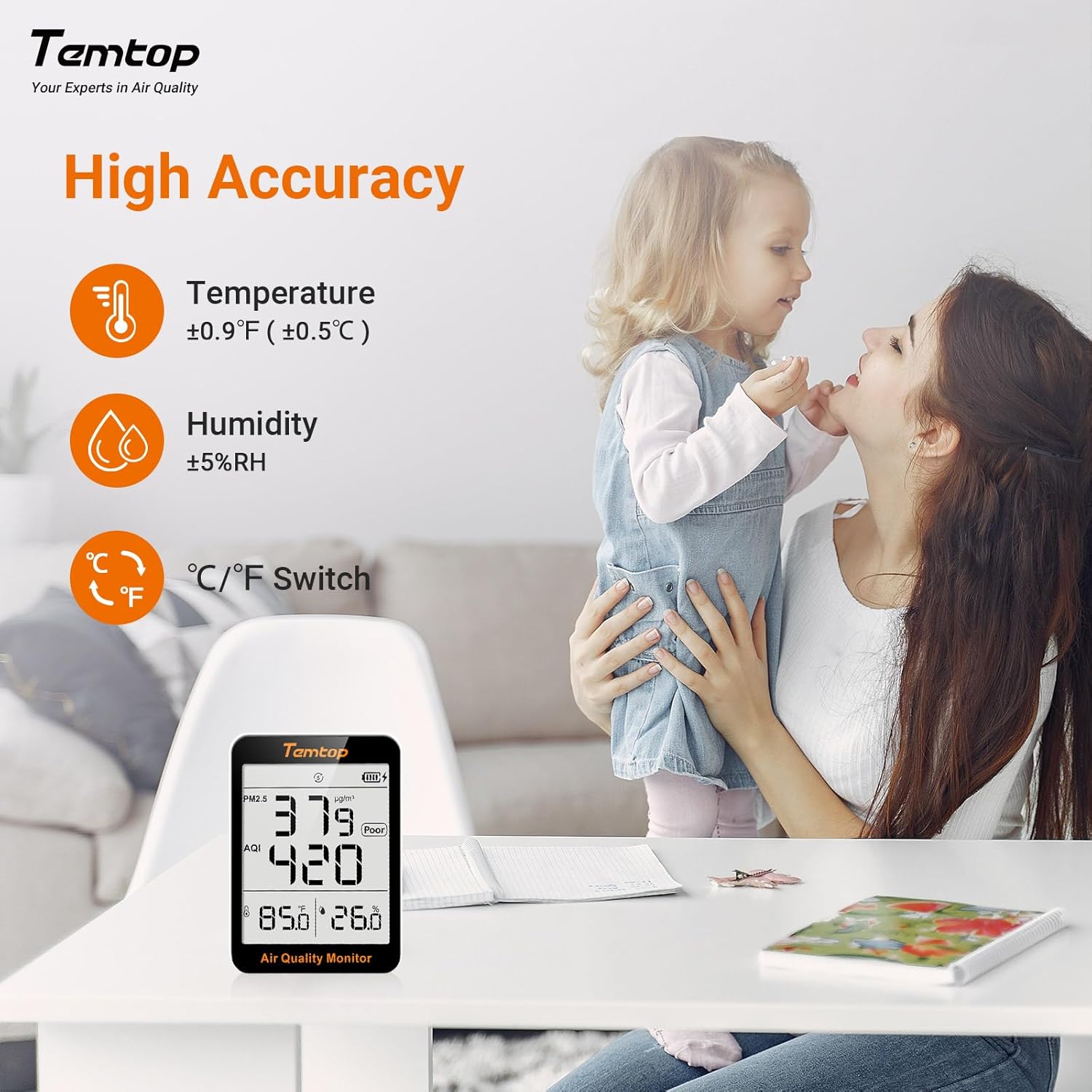 Temtop 2 Pack S1 Indoor Air Quality Monitor, Portable AQI PM2.5, Temperature, Humidity Detector for Home, Office or School, Air Quality Tester 4 More Home Monitoring, Battery Powered, Magnetic Suction
