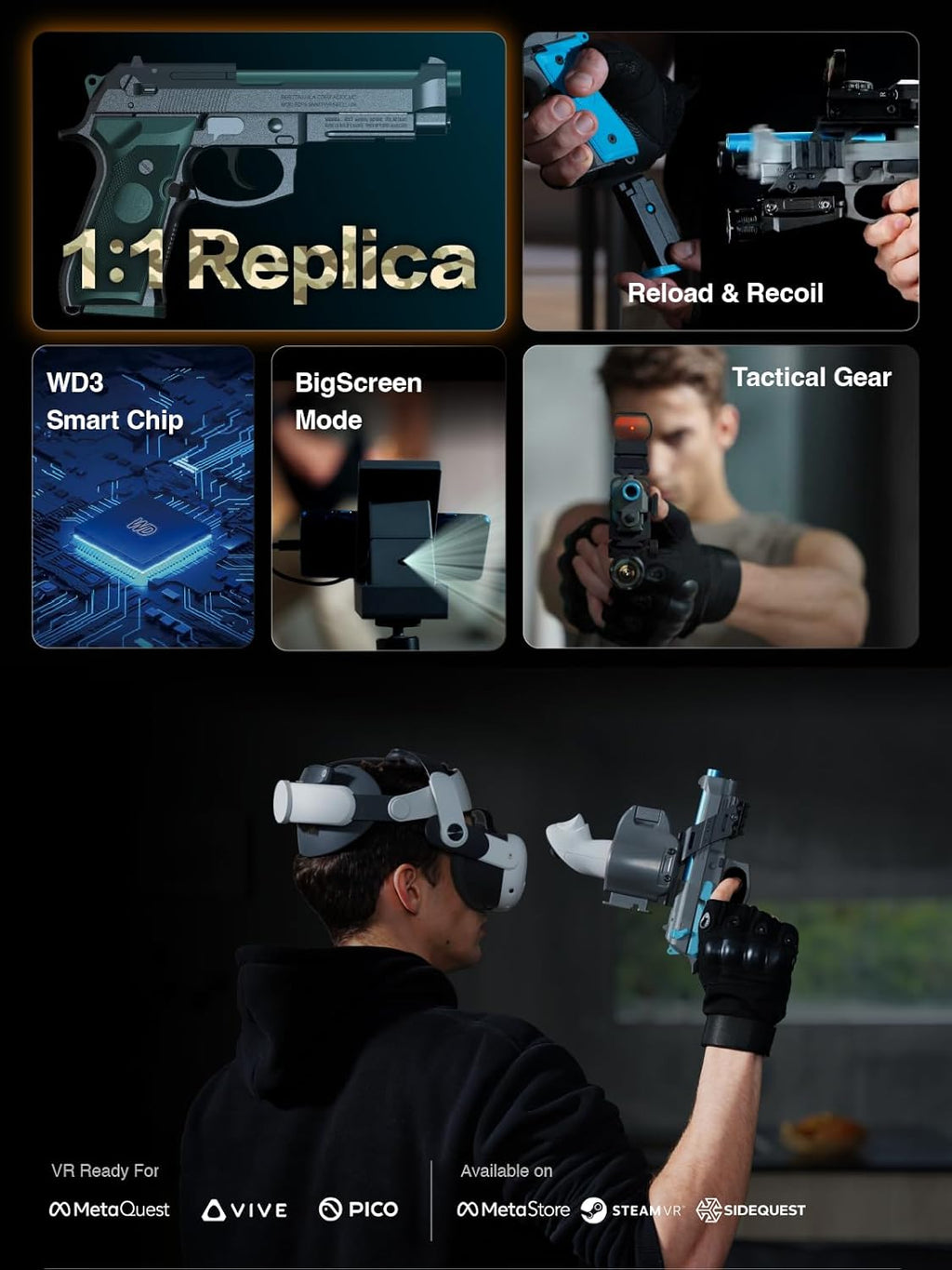 WonderFitter M9 VR Pistol Controller for Meta Quest 2/3/3S SteamVR HTC Vive PICO Realistic Shooting Simulator with Recoil Trigger Pull Detachable Magazine FPS Gun Accessory for Pavlov Onward Half-Life