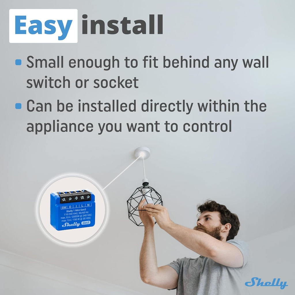 Shelly 1 Mini Gen3 | WiFi Smart Switch Relay 1 Channel 8A | Home Automation | Bluetooth Gateway | Compatible with Alexa & Google Home | iOS Android App | No Hub Required | Dry Contacts