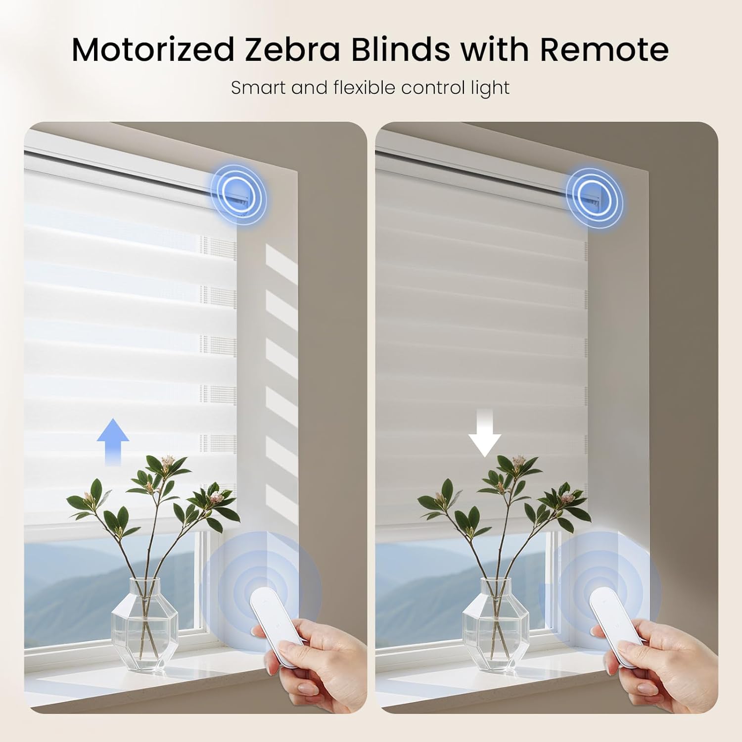 Grandekor Motorized Zebra Blinds with Remote Control,Smart Zebra Blinds for Windows,Electric Zebra Shades, White,24" W x 72" H