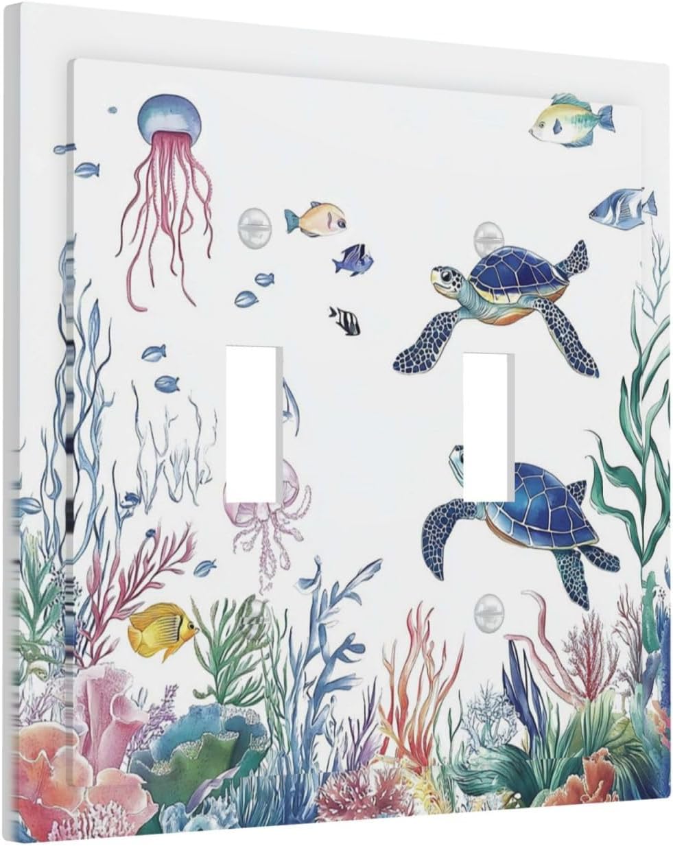 Blue Sea Turtle Ocean Fish Octopus Coral Decorative Switch Plates 2 Gang Double Toggle Outlet Light Switch Cover Wall Plate Electrical Faceplate For Bathroom Kids Room Decor