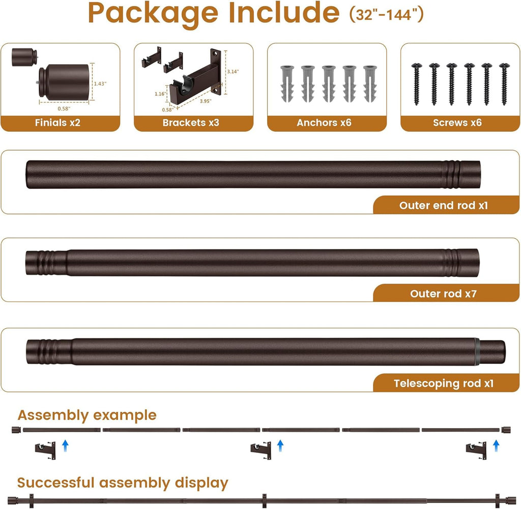 Bronze Aluminium Curtain Rods for Windows,1 Inch Adjustable Curtain Rod 72-144,Heavy Duty Drapery Rods with Thicken Bracket,Decorative Modern Single Rod with Aluminium Finials