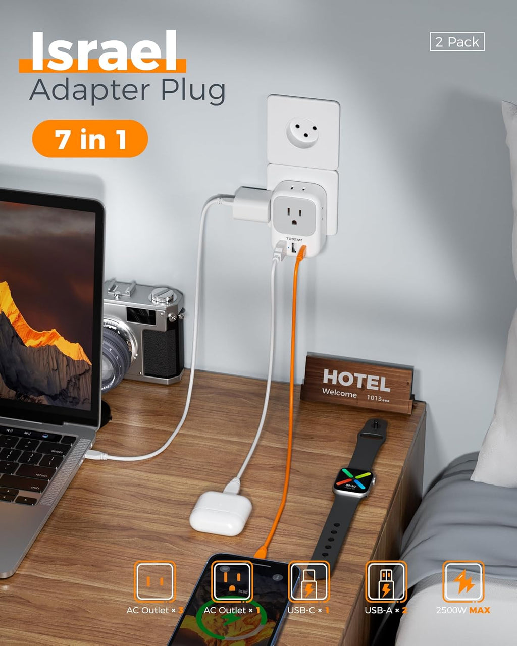 TESSAN Israel Adapter Plug 2 Pack, 7 in 1 US to Israel Power Adapter with 3 USB Ports (1 USB C Port) 4 American Outlets, Type H Travel Adaptor for USA to Jerusalem
