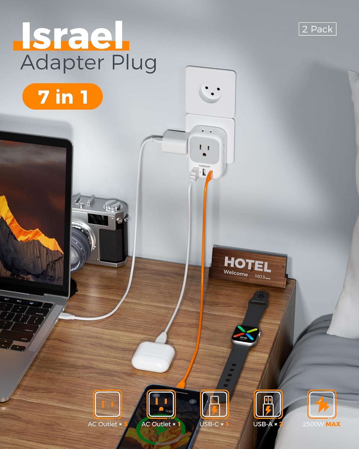 TESSAN Israel Adapter Plug 2 Pack, 7 in 1 US to Israel Power Adapter with 3 USB Ports (1 USB C Port) 4 American Outlets, Type H Travel Adaptor for USA to Jerusalem