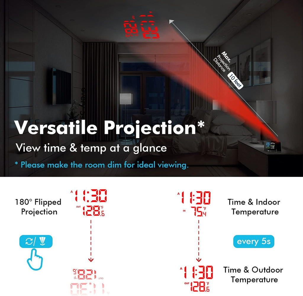 DR.PREPARE Projection Alarm Clock, Digital Clock Projector on Ceiling with Indoor/Outdoor Temperature Display, Dual Alarms, Colored Backlight, Weather Forecast, and Battery Backup for Bedroom