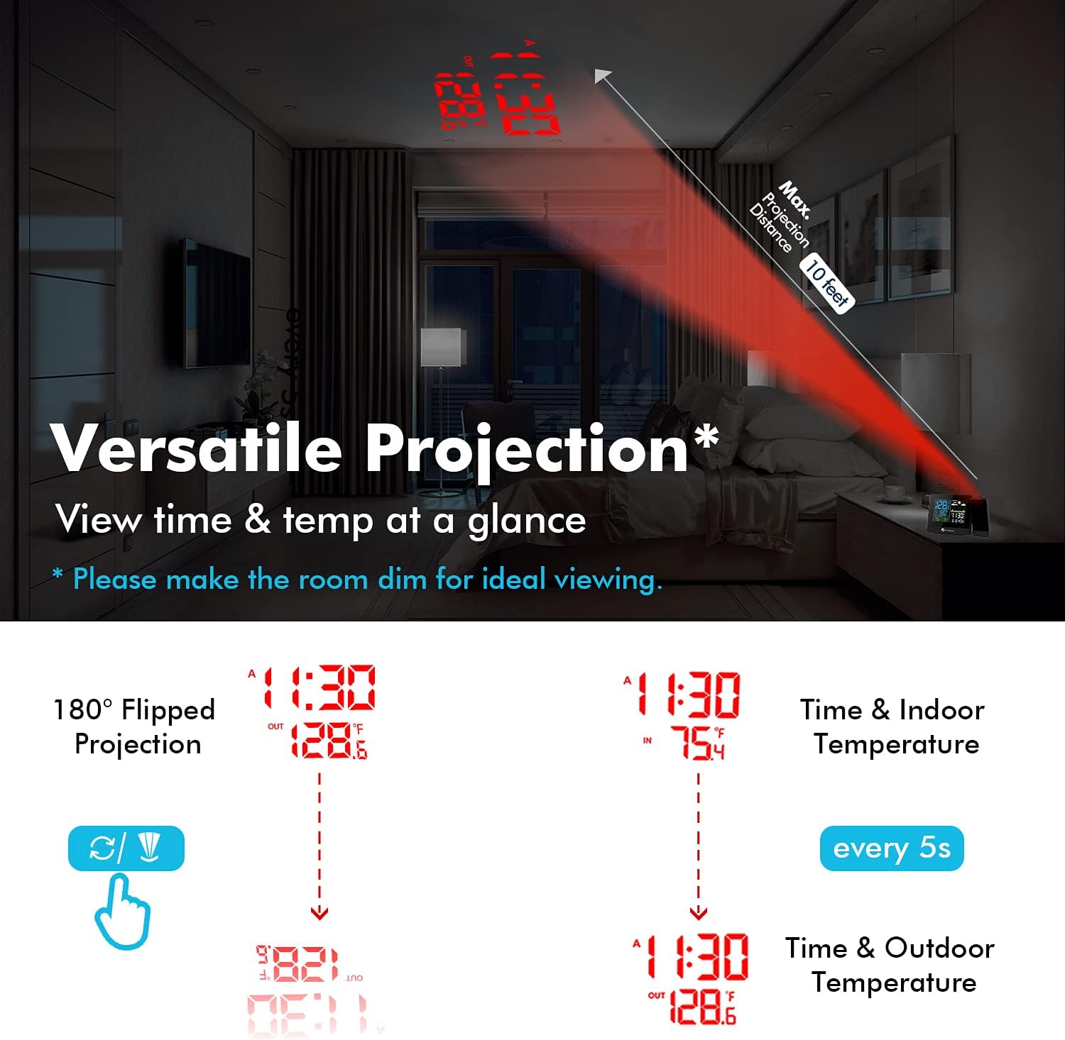DR.PREPARE Projection Alarm Clock, Digital Clock Projector on Ceiling with Indoor/Outdoor Temperature Display, Dual Alarms, Colored Backlight, Weather Forecast, and Battery Backup for Bedroom