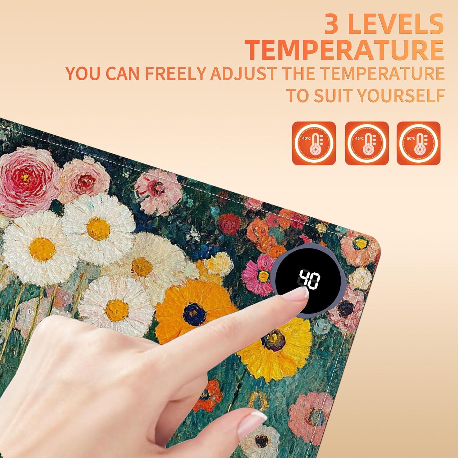 Heated Mouse Pad 23.6 x 14 in 3-Temp Fast Heating Desk Mat with Auto Timer Warmer for Hands Wrist Pain Relief Waterproof Keyboard Mat for Office, Gaming, Home, Floral Garden