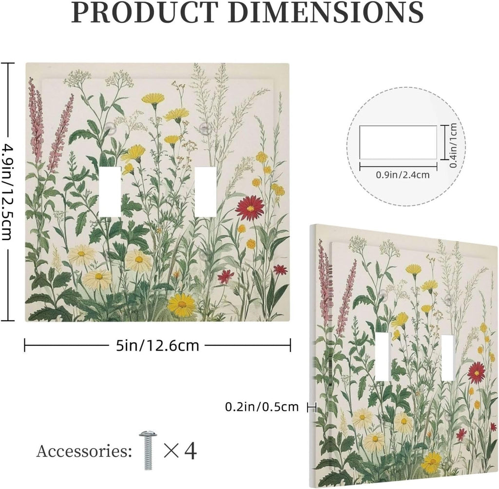 Rustic Wildflower Green Plants Daisy Floral Decorative Switch Plates 2 Gang Double Toggle Outlet Light Switch Cover Wall Plate Electrical Faceplate For Farmhouse Bed Room Decor