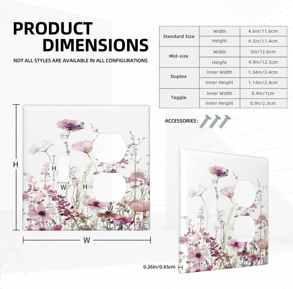 Floral Pink Watercolor Wildflowers Plant Flower Wallplates 1 Toggle 1 Duplex Switch Plate Electrical GFCI Faceplate Decorative Light Switch Covers for Bedroom Living Room Decor