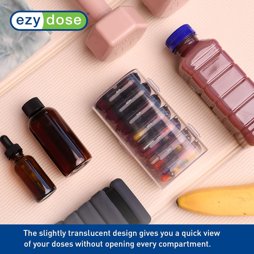 EZY DOSE Weekly (7-Day) Daily Individual AM/PM Pill Organizer with Case, Portable Medication Dispenser, Travel-Friendly Durable Pill Container, 2X Day Compartments for Vitamins and Supplements, Black