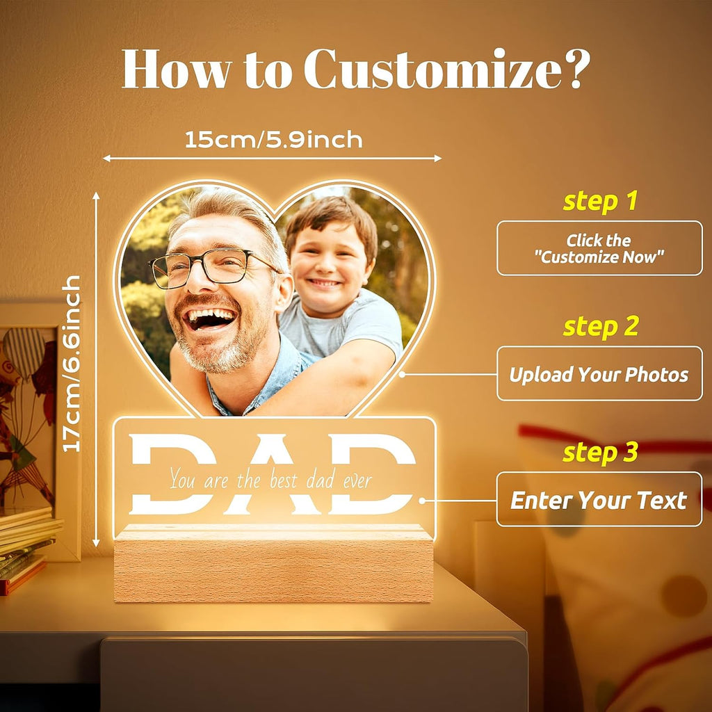 Personalized Gifts for Dad from Daughter Son, Personalized Picture Frame with Photo, Custom Photo Frame with Night Light, Customized Dad Birthday Gifts