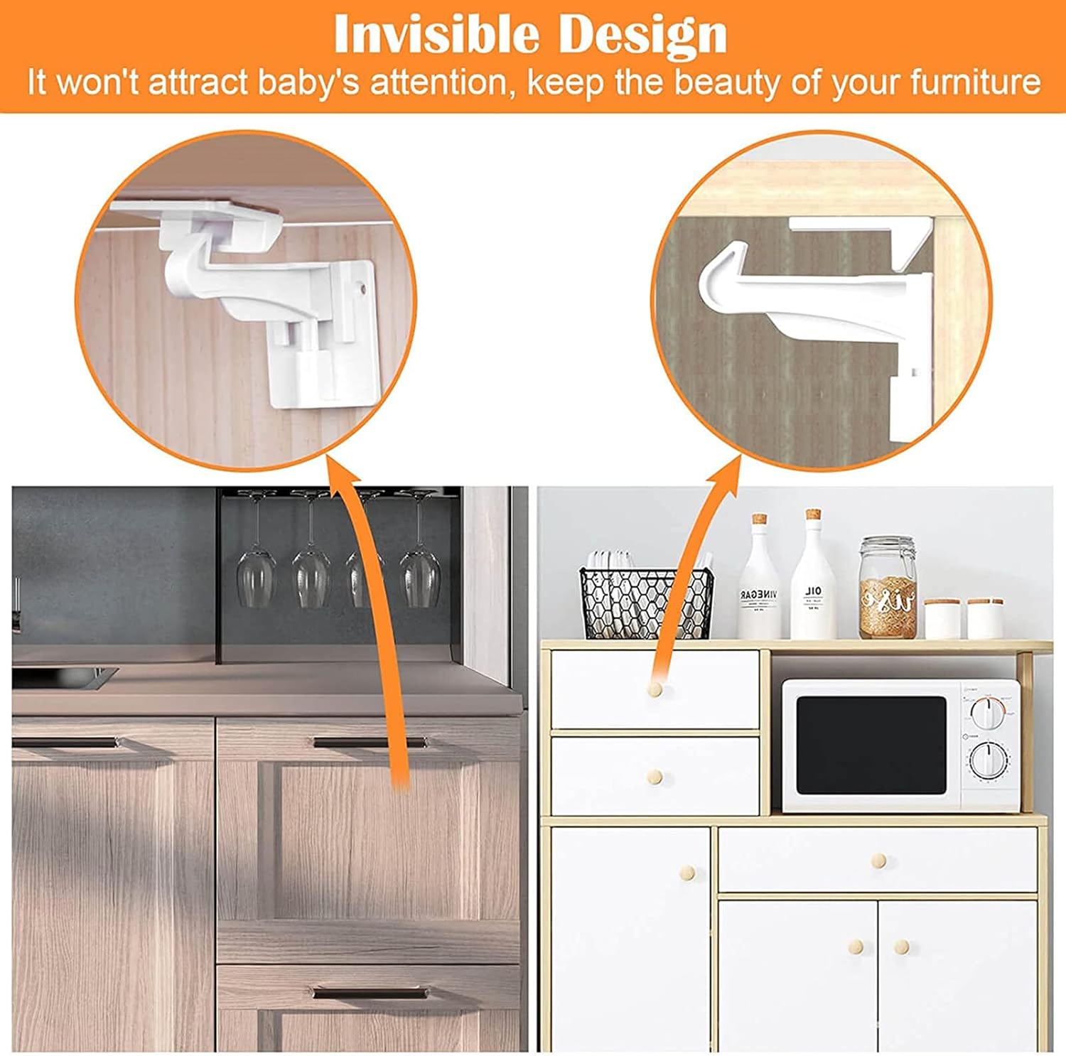 8 Pack Upgraded Invisible Baby Proofing Cabinet Latch Locks – No Drilling or Tools Needed, Fits Most Cabinets & Drawers, Works with Countertop Overhangs, Strong Adhesive for Easy & Secure Installation