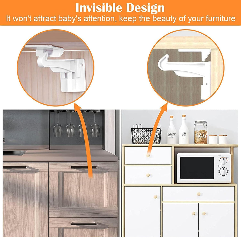 4 Pack Upgraded Invisible Baby Proofing Cabinet Latch Locks – No Drilling or Tools Needed, Fits Most Cabinets & Drawers, Works with Countertop Overhangs, Strong Adhesive for Easy & Secure Installation