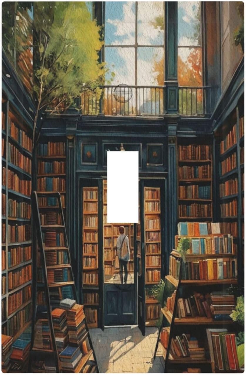 Library With A Lot Of Books Light Switch Covers 1 Gang Single Toggle Wall Plate Decorative Switchcover Electrical Switchplate for Country Living Decor