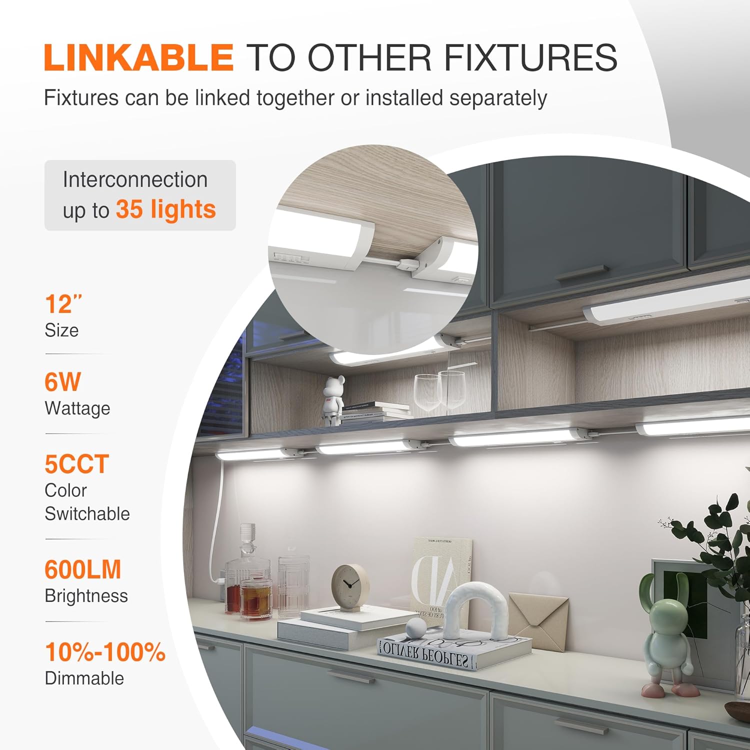 12inch Linkable Under Cabinet Lighting Hardwired Plug-in, Wired led Under Cabinet Lights with 5 CCT (2700/3000/3500/4000/5000) & Dimmable, Under Counter Lights for Kitchen, 6W, 600LM, 2 Pack
