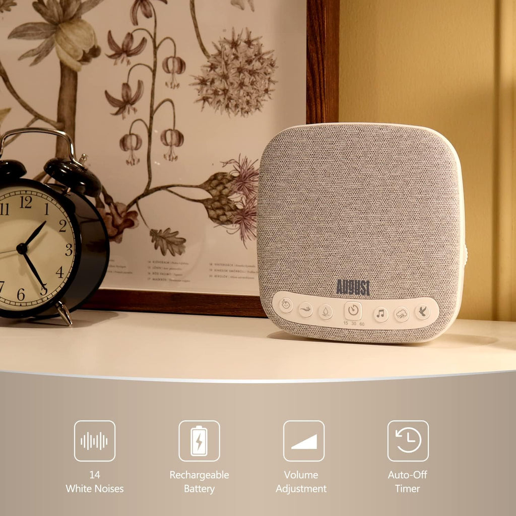 Portable White Noise Sound Machine - August SE160 - Calming, Ambient Sleep Therapy - 14 Soothing Sounds for Babies, Children, Adults - Sleep Aid with Timer - 60-Hour Battery - USB-C Charging - White