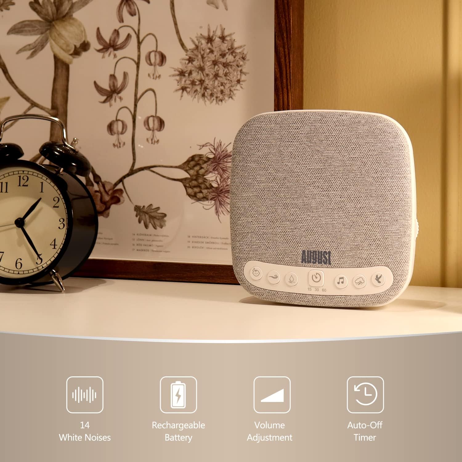 Portable White Noise Sound Machine - August SE160 - Calming, Ambient Sleep Therapy - 14 Soothing Sounds for Babies, Children, Adults - Sleep Aid with Timer - 60-Hour Battery - USB-C Charging - White
