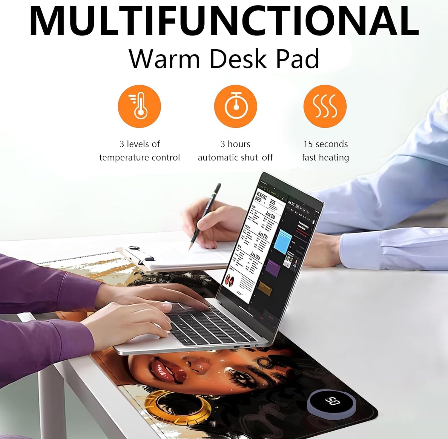 Heated Mouse Pad with 3 Levels Heated & 3 Hours Auto Shut-Off Mouse Pad for Warming Hands in Office Home, 31.5" x 13"Large Safe Desk Mat Hand Warmer，Girl with Short Hair