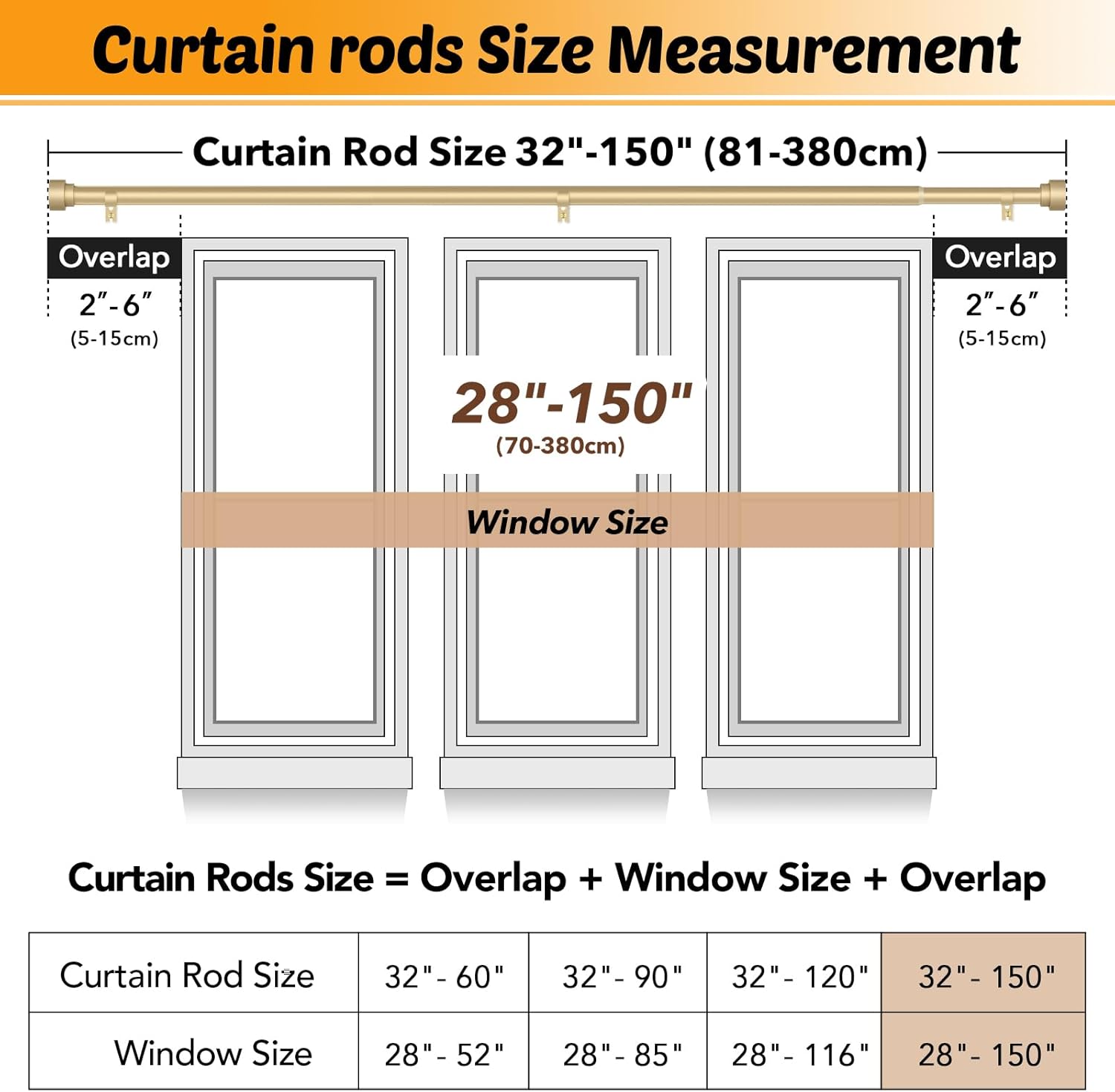 GEEBOBO 2 Pack Gold Curtain Rods for Windows 72 to 144 Inch, 1 Inch Adjustable Heavy Duty Decorative Curtain Rods, W1 (Gold, 32"-150",2 Pack)