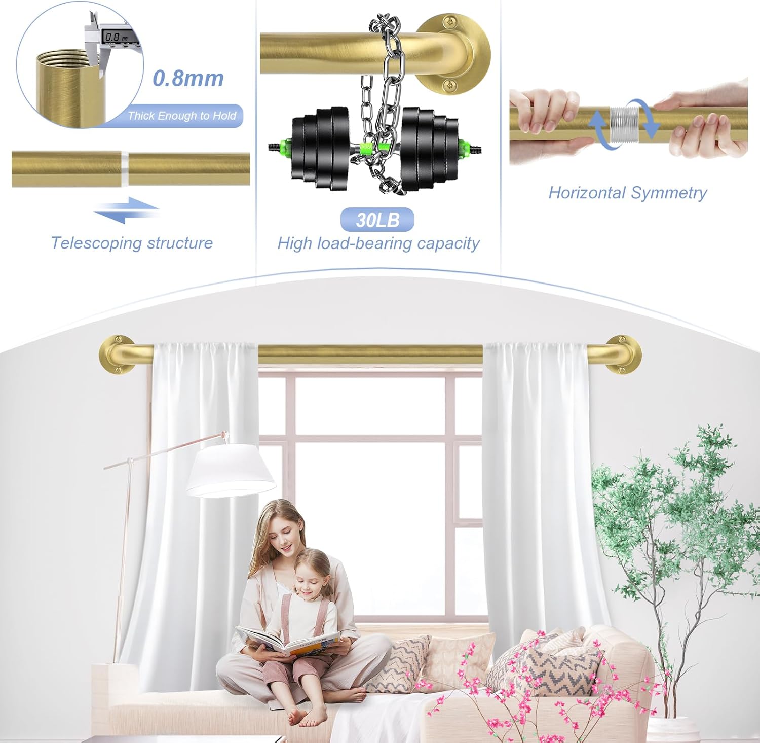 Gold Wrap Around Curtain Rods 48 to 90 Inch:Blackout Heavy duty Adjustable Window Curtain Rod for Bedroom,Industrial Darkening Curved French Metal Single Drapery Rods Easy Install,Brushed Gold