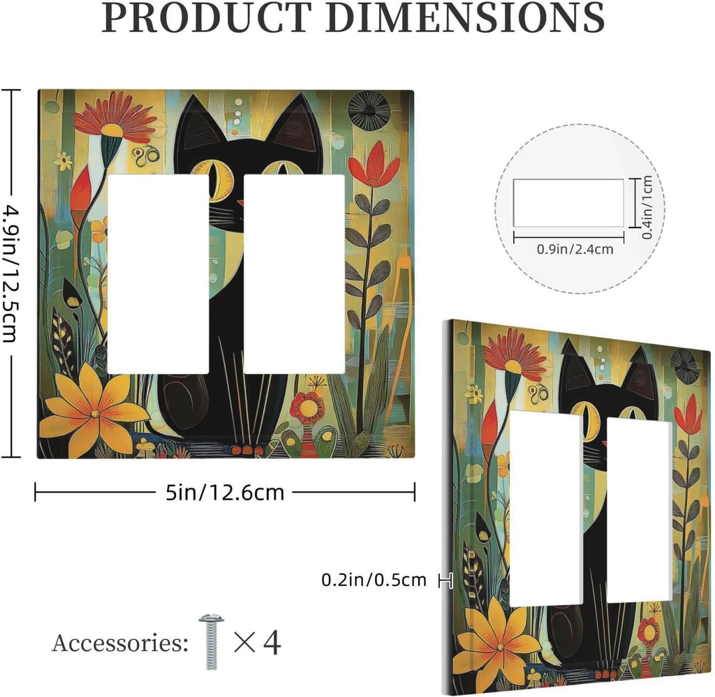 Funny Cat Retro Abstract Flowers Kitten Decorative Outlet Covers 2 Gang Double Gfci Rocker Electrical Wall Panels Light Switch Cover Plate For Kids Room Bed Room Decor