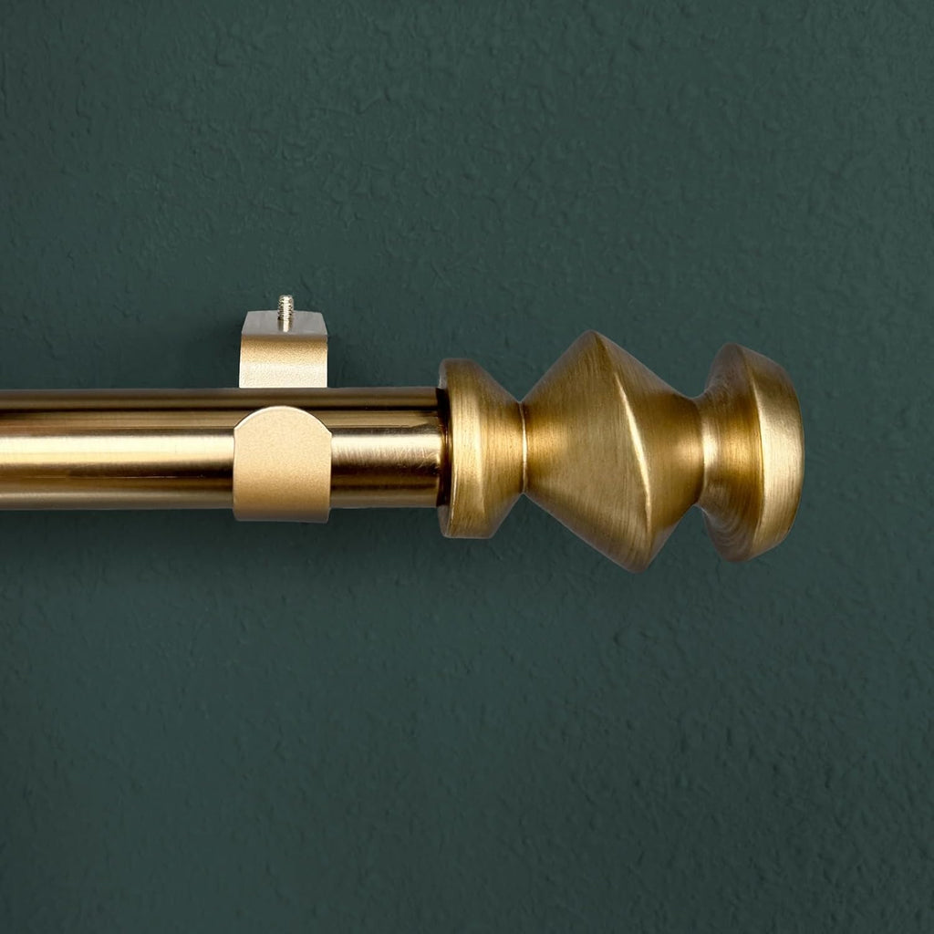 1-1/8 Inch Diameter Warm Gold Curtain Rods with Modern Geometric Finials, 36-72'' Telescoping Single Curtain Rods for window width 24-68 inch, 1 pack