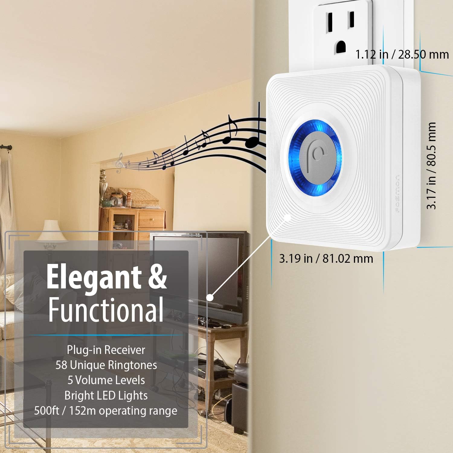 Fosmon WaveLink Door Chime Driveway Alarm Guard Wireless Motion Sensor (500 Feet, 58 Tunes, 5 Volume Levels, LED Indicators) Motion Detector Home/Business/Store Entrance Alert (1 Receiver + 2 Sensor)