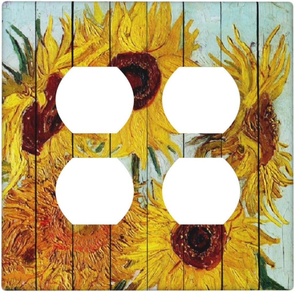 Outlet Covers Sunflowers Oil Paintings Wood Floral 2 Gang Double Duplex Decorative Light Switch Covers Electrical Wallplates Socket Faceplate For Farmhouse Bed Room Decor