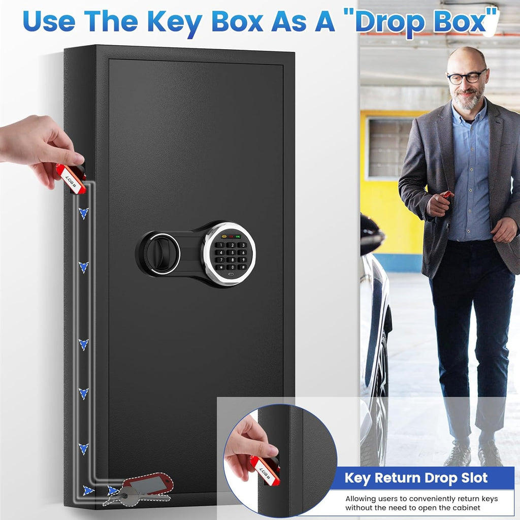 254 Keys Digital Key Lock Box Wall Mount with Code, Heavy Duty Anti-Theft Key Lock Box with Side Drop Slot and Colorful Key Tags for Car Garage House Rental Office