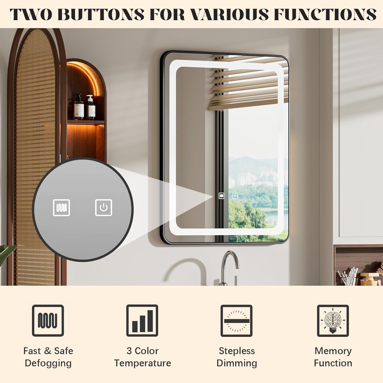 LED Bathroom Mirrors with Lights,24" x 36" Black Square LED Mirror for Bathroom,Fogless,3 Colors Dimmable, Touch Sensor