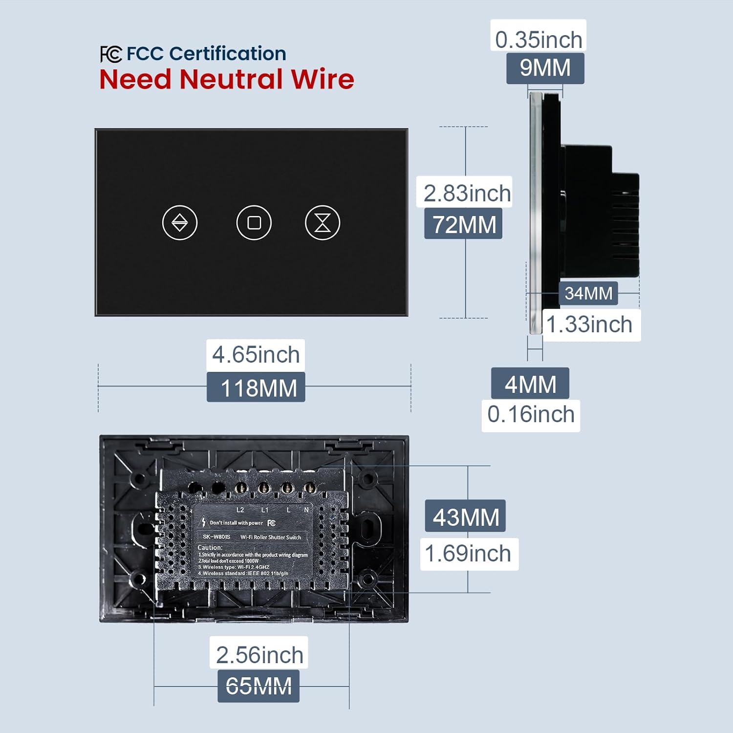 Smart Roller Shutter Switch 118X72X34MM Need Neutral Wire,2.4GHz WiFi Roller Shutter Switch, Tempered Glass Panel, Compatible with Alexa and Smart Life, Black WiFi-Roller Shutter