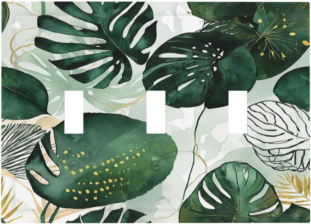 Decorative Switch Plates Boho Tropical Leaves 3 Gang Wall Plate Triple Toggle Light Switch Cover Faceplate Electrical Wall Panels for Bedroom Bathroom Decor