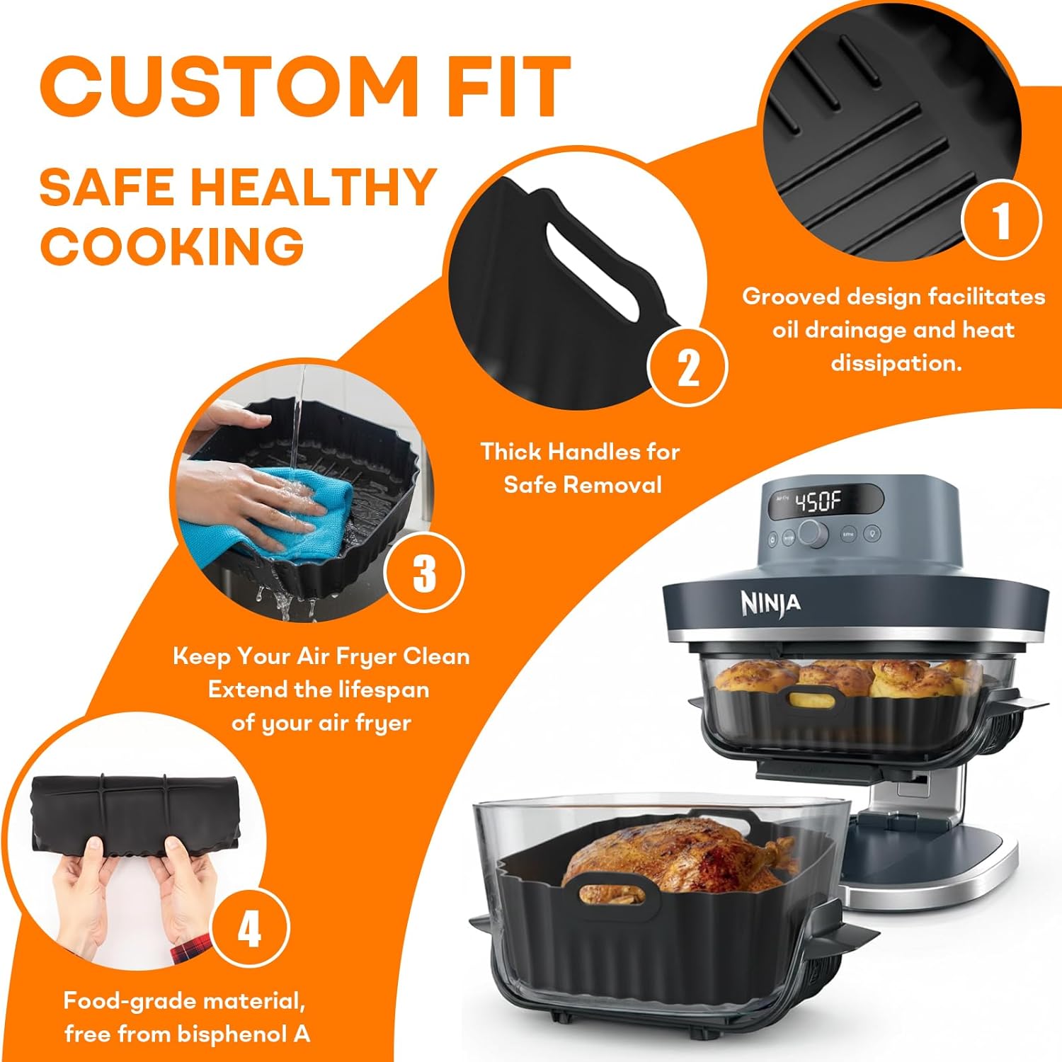 Silicone Air Fryer Liners 2 Pack, Reusable Non-Stick Square Liners Compatible with Ninja Crispi Pro Glass Air Fryer AS101CY, 5–6.5QT Air Fryer Baskets