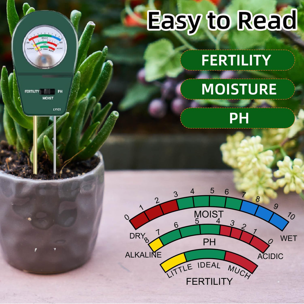 3-in-1 Soil Moisture Meter pH & Fertility Tester, No Battery Needed Plant Soil Test Kit for Houseplants, Garden, Lawn & Farm, Plug-and-Read Soil Acidity Meter for Indoor Outdoor Potted Plants (Green)