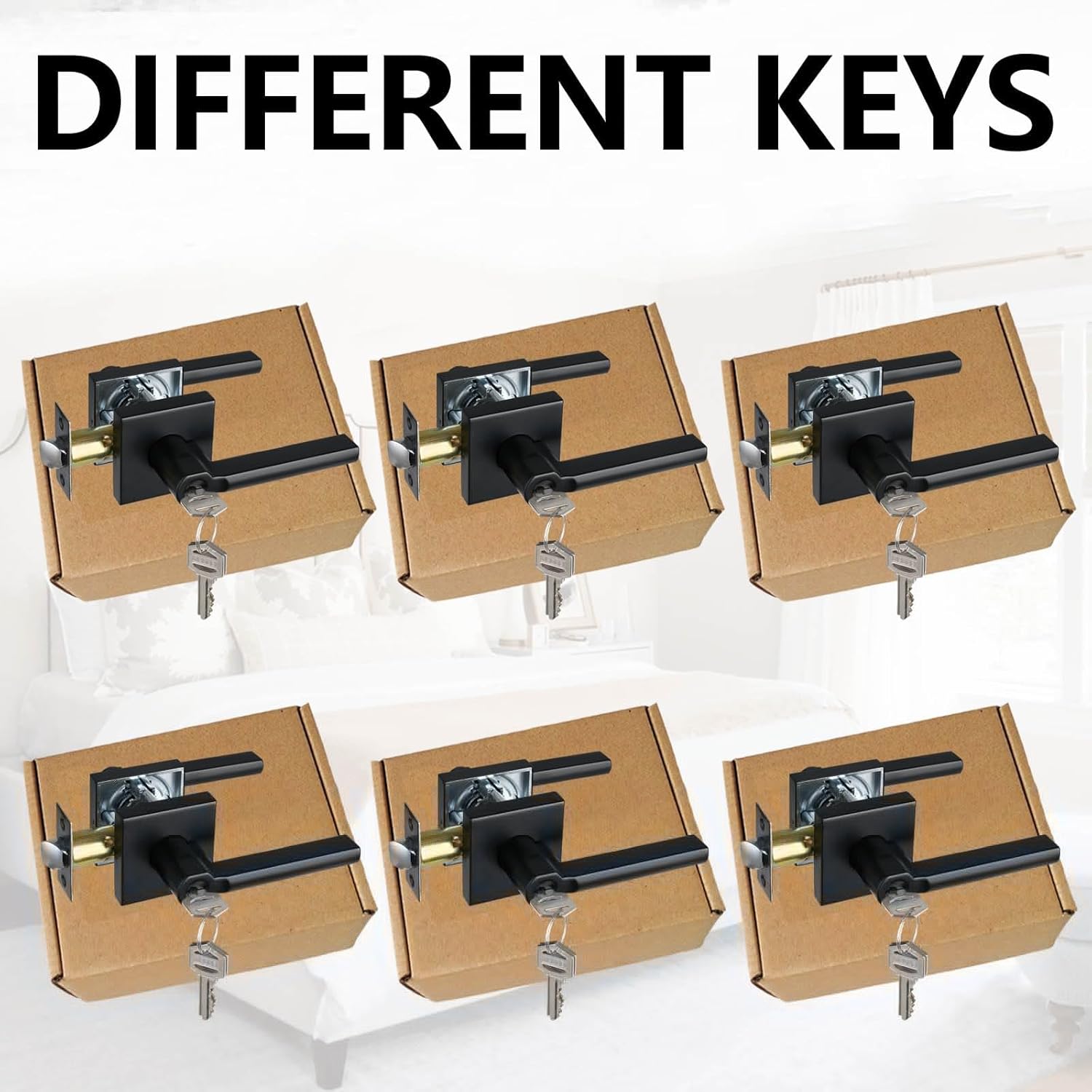 Keyed Entry Door Lever with Lock, Heavy Duty Square Interior Handle for Front Door and Office, Matte Black, Reversible for Right&Left Handed, 6Packs