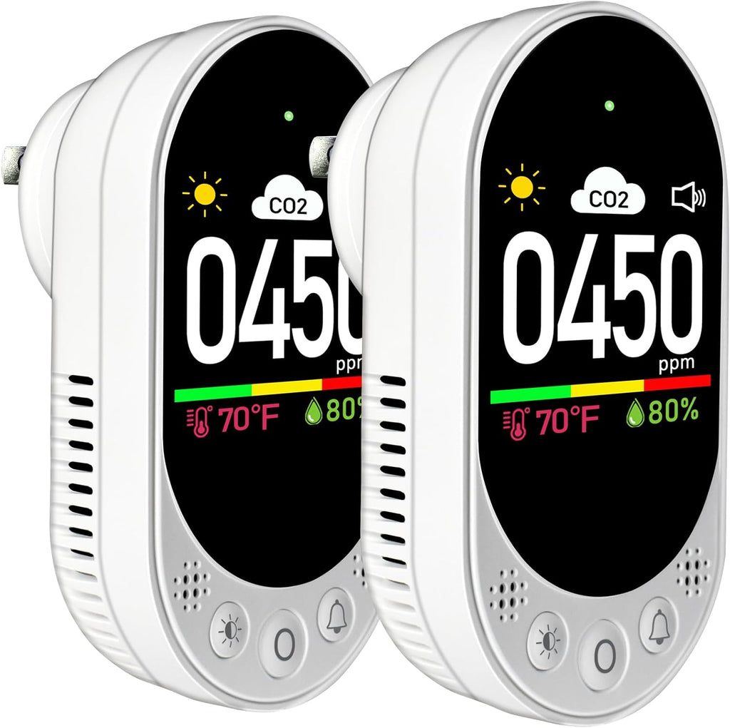 Upgraded Carbon Dioxide Detector Plug in Wall Design, 3 in 1 CO2 Detector(Temp, Humidity and CO2 Value), High Accuracy CO2 Meter with Alarm Function and Manual Calibration for Home RV 2Pack