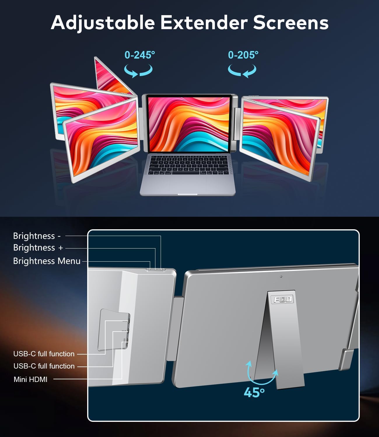 15.6" Laptop Screen Extender, Left Screen 360° Flip Triple Screen Monitor Extender, FHD 1080P IPS Portable Travel Monitor Display, fit for 12–18.5" Laptops, Compatible with Windows and MacBook-S10