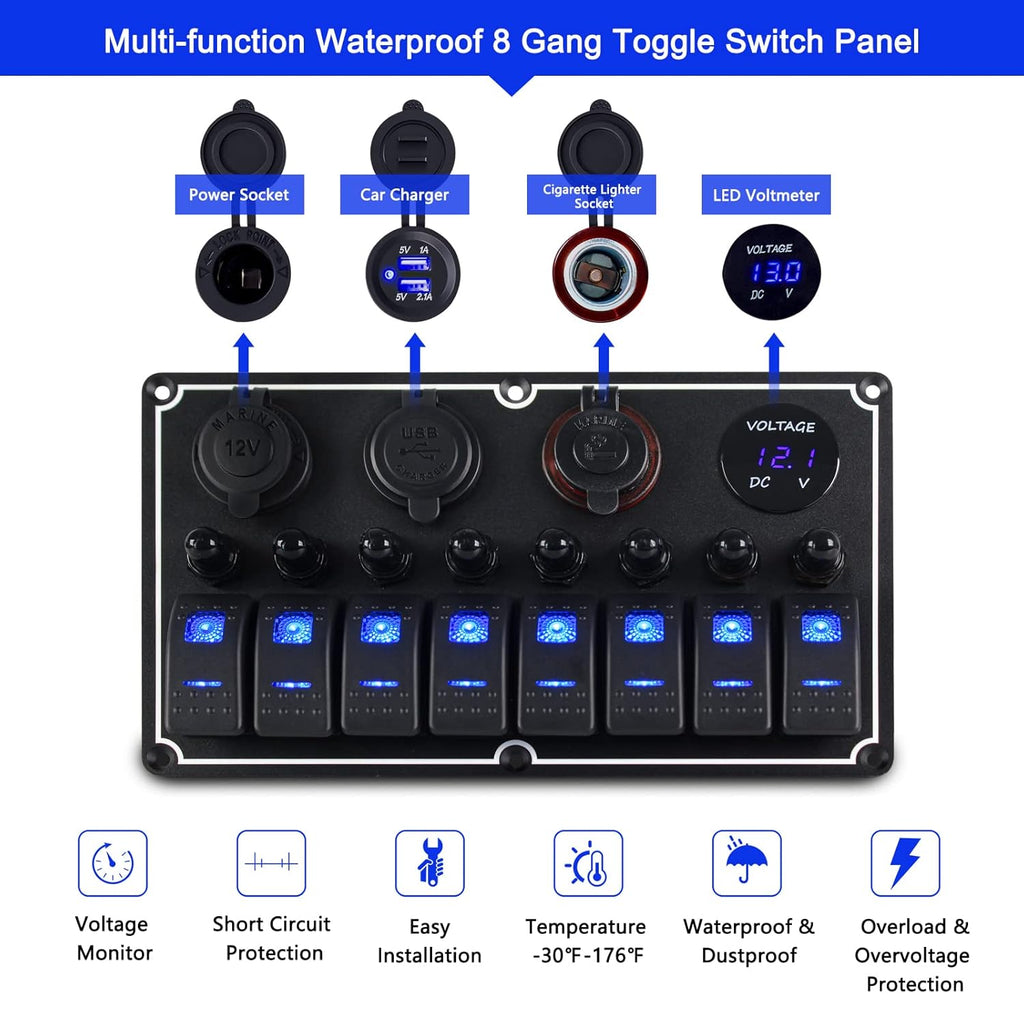 Marine Switch Panel Waterproof,8 Gang Boat Rocker Switch Panel,Multi-Function Toggle Light Switch Panel with Dual USB and Voltmeter Panel for RVs, Cars, Boats, Trucks,Trailers - 12-24V