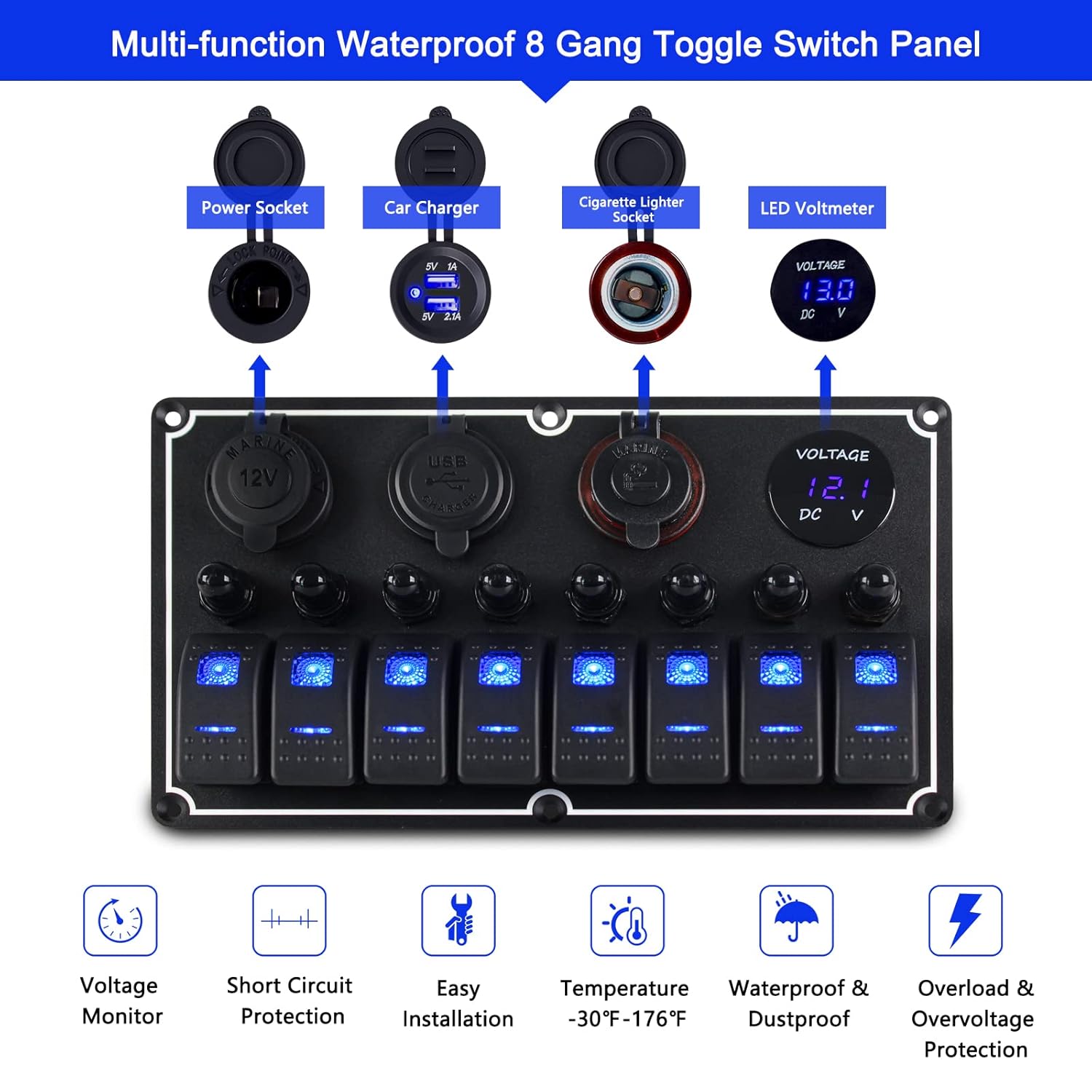 Marine Switch Panel Waterproof,8 Gang Boat Rocker Switch Panel,Multi-Function Toggle Light Switch Panel with Dual USB and Voltmeter Panel for RVs, Cars, Boats, Trucks,Trailers - 12-24V