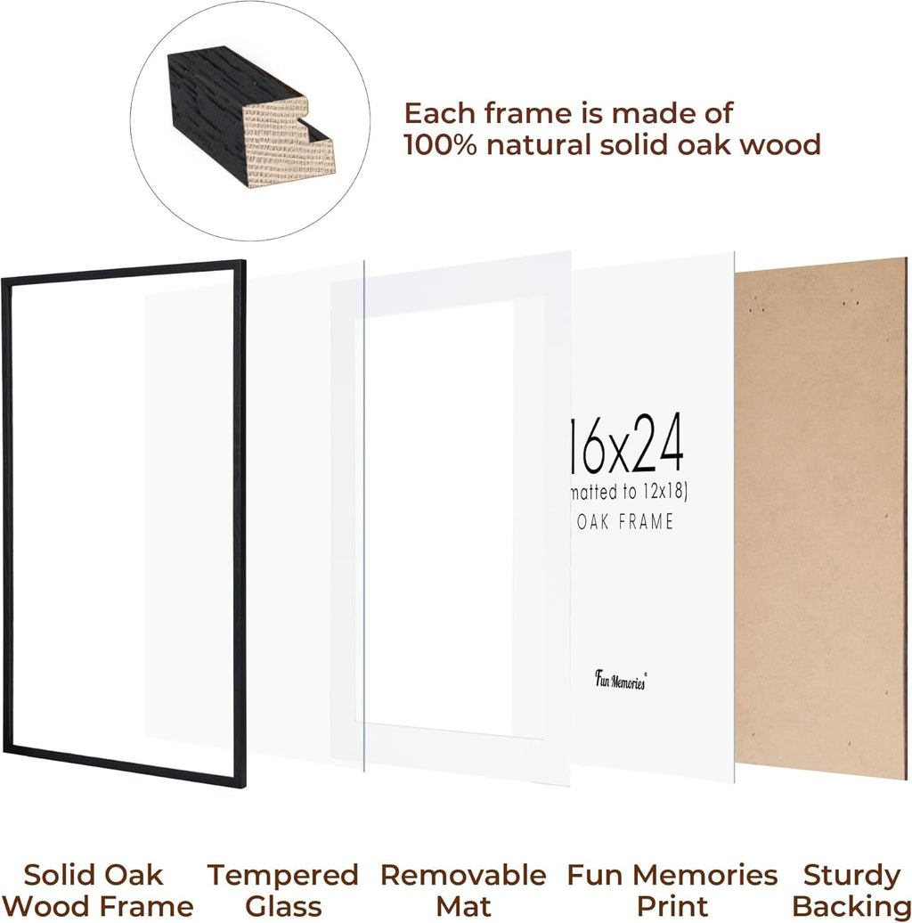 Fun Memories Black 16x24 Picture Frame, Oak Wood 16 x 24 Poster Frames Set of 2, Rustic 16 by 24 Frame for Wall, 16x24 Frame with Mat for 12x18, Tempered Real Glass